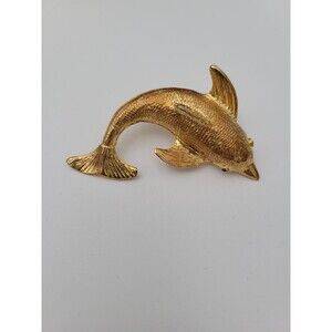Vintage Dolphin Brooch Pin Gold Tone Red Rhinestone Eyes Statement Piece